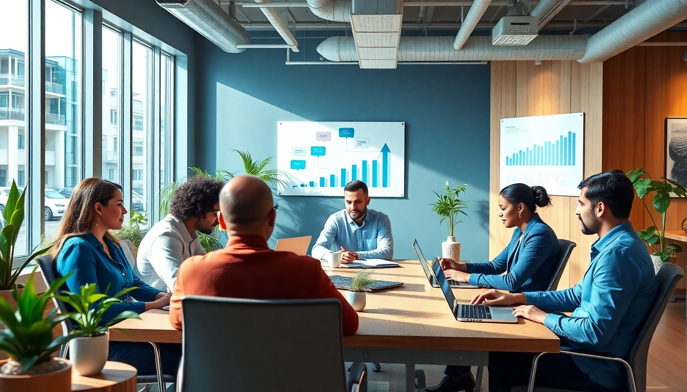 SEO Agentur Team arbeitet in einem modernen Büro mit Laptops und Marketing-Diagrammen.