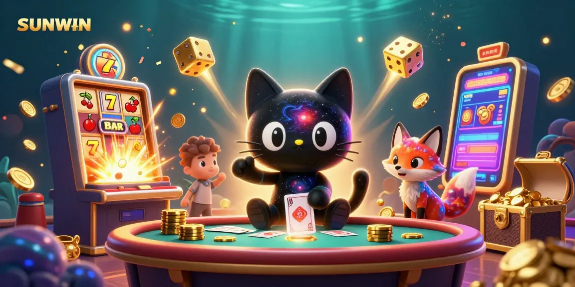 SUNWIN lets players indulge in interactive casino fun with an 3D cat and fox surrounded by colorful game elements.