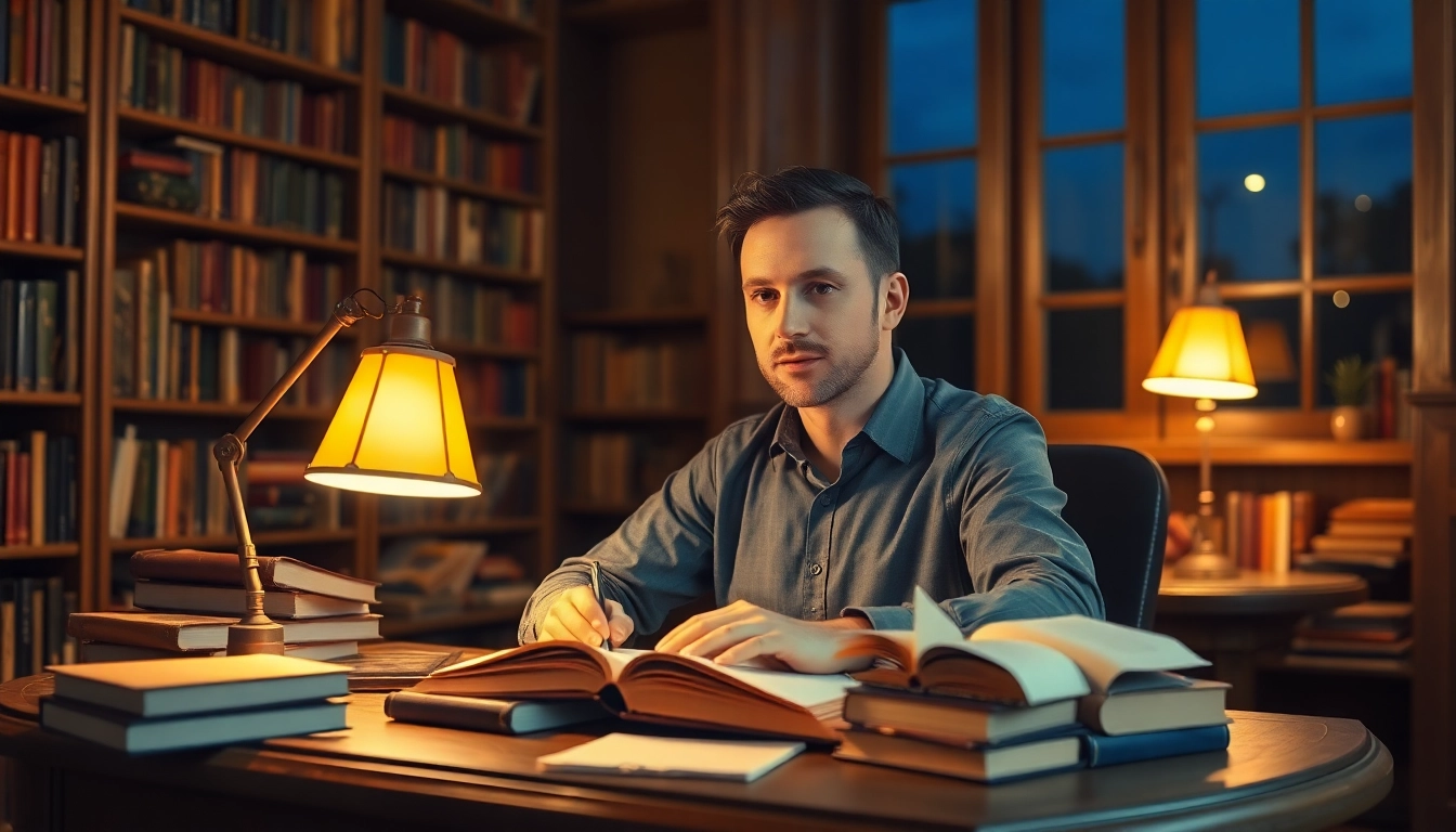 Author immersed in writing at a vintage desk, surrounded by books and warm lighting