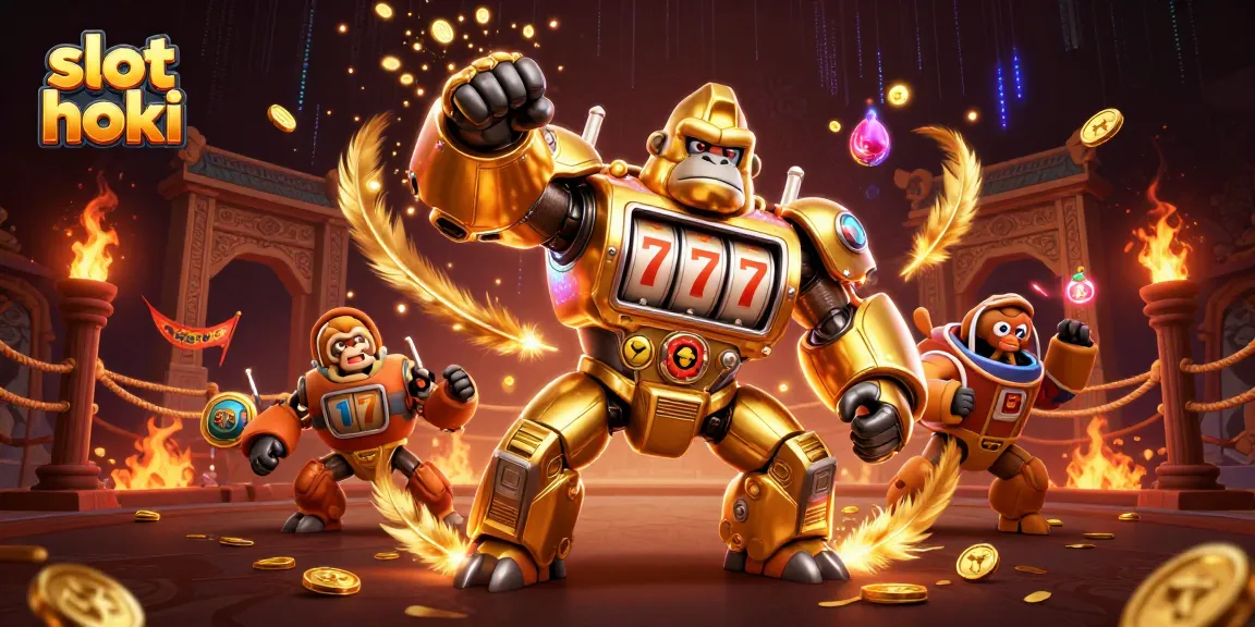 Engage with slot hoki excitement in an ultra-detailed illustration of a golden gorilla mech heroically themed.