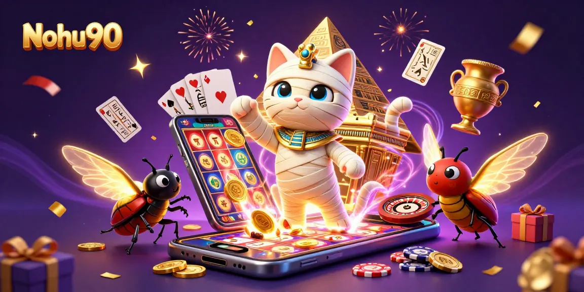 Nohu90 players spinning colorful slot reels and enjoying vibrant casino games.
