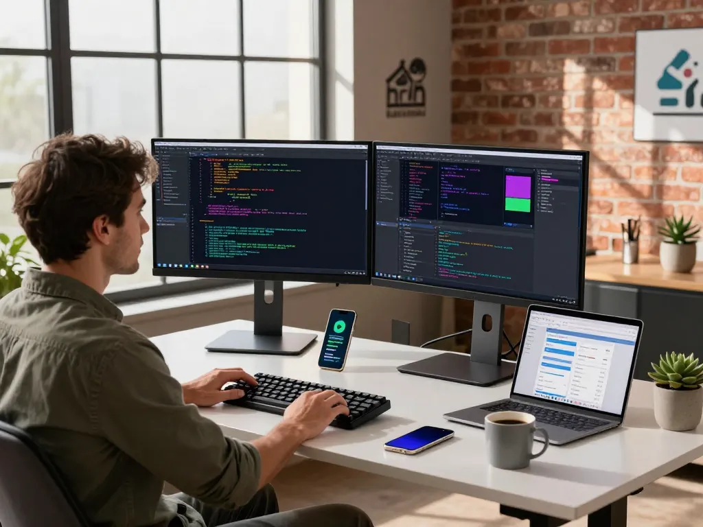 OpenClaw software developer workspace with dual monitors and coding environment, showcasing innovative tech atmosphere.