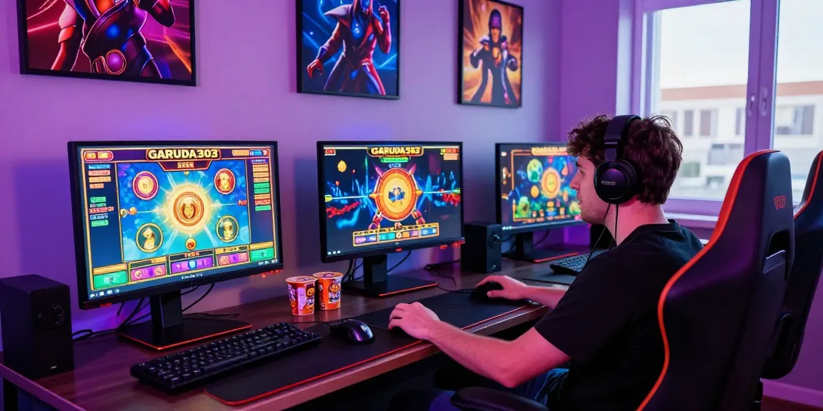 Engaged gamer enjoying the garuda303 slot at a modern gaming setup with vibrant visuals.
