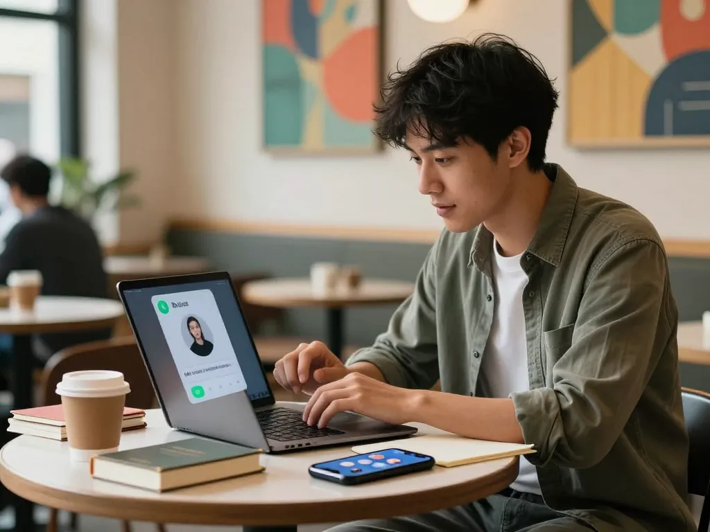 Engaging with an AI chatbot in a lively coffee shop scene, illustrating ia +18 technology interaction