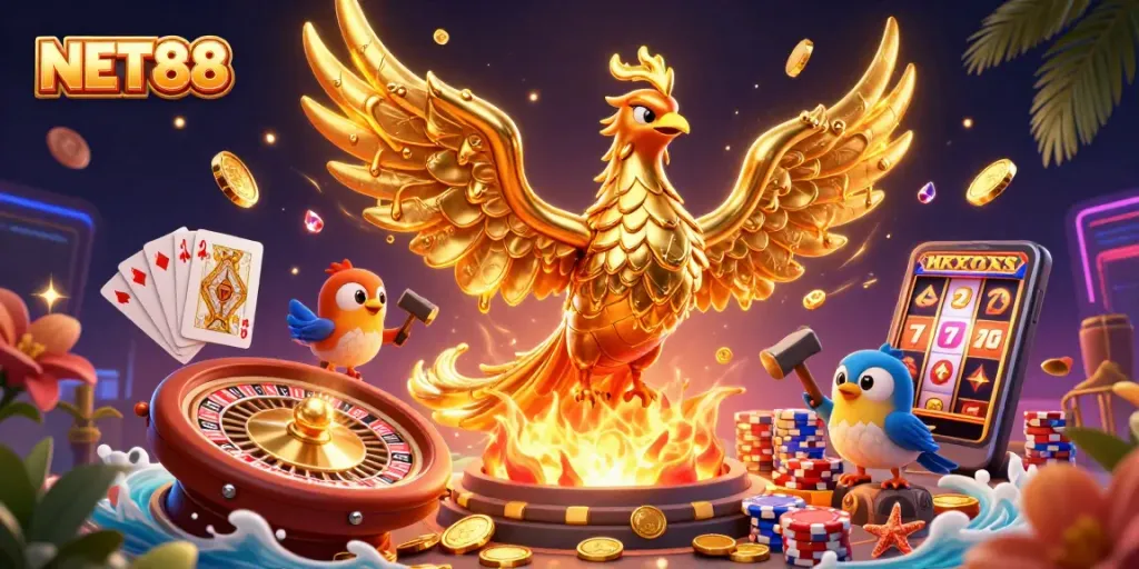 Experience the excitement of NET88 with a vibrant, dynamic casino scene full of golden treasures and game elements.