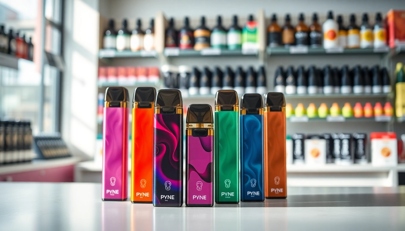 Showcase of pyne pod flavors in a vape shop highlighting colorful designs and craftsmanship.