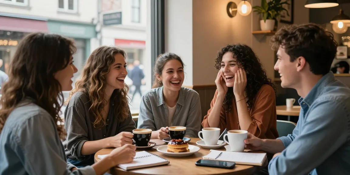 Group of friends discussing crush on someone over coffee in a cozy café.