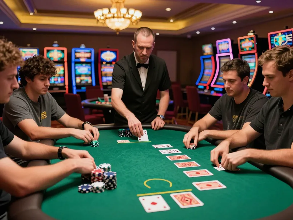 Engaged players at a G28 COM poker table, vibrant casino backdrop with colorful slot machines.