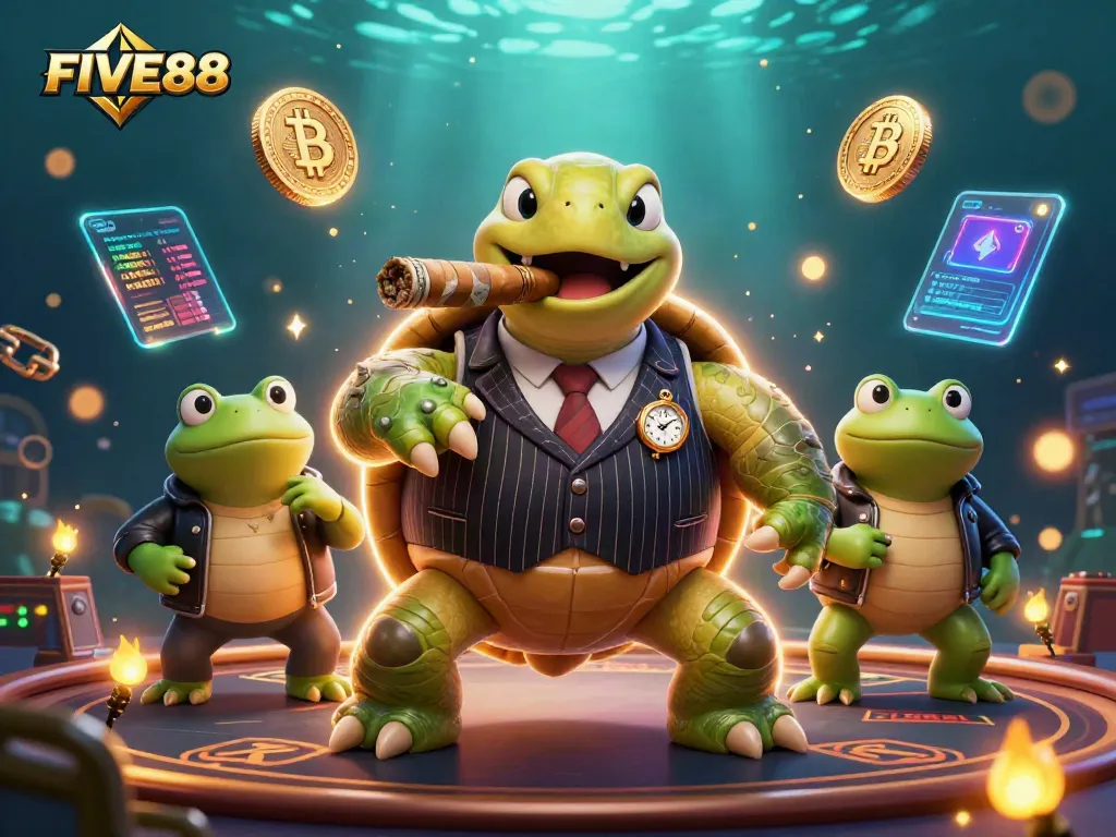 Experience FIVE88's vibrant casino atmosphere with a turtle in a pinstripe suit and crypto elements.