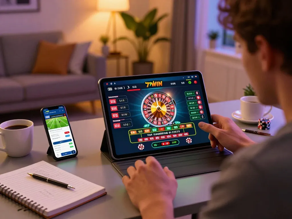 Engaging with 77WIN casino app on a tablet during an exciting online gaming session.