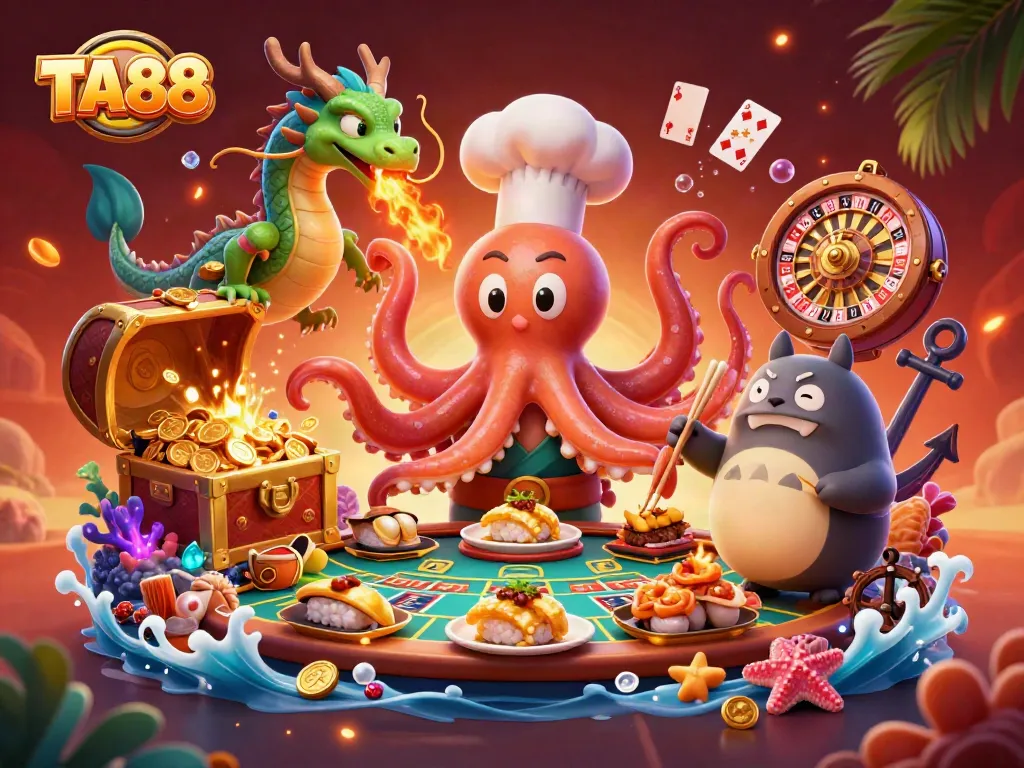 Experience exciting casino action with TA88 as an octopus chef and dragon prepare for a jackpot.