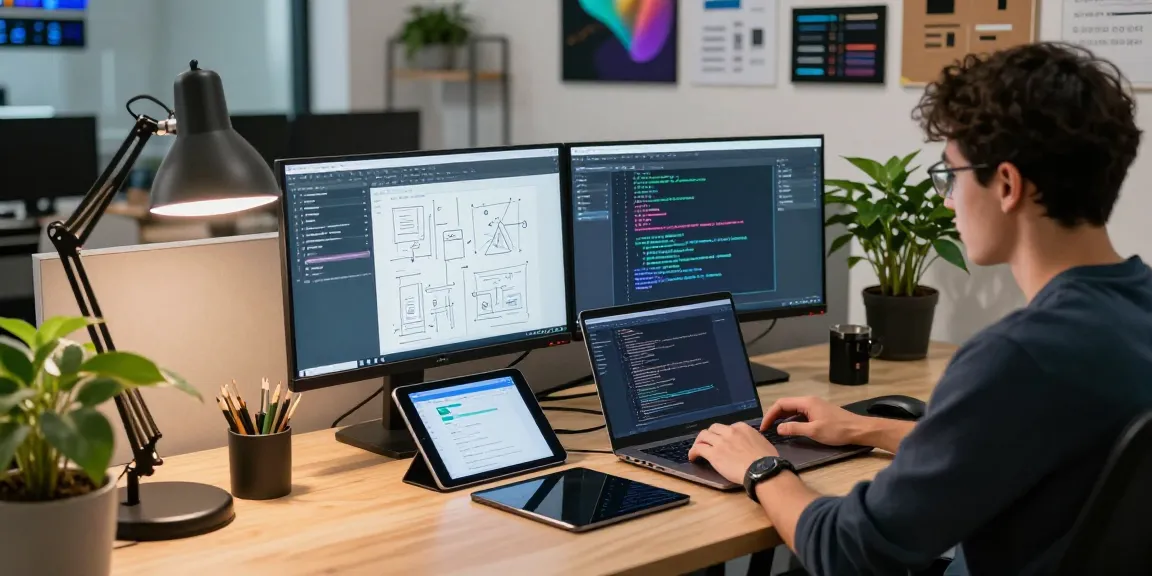 Dynamic tech workspace illustrating a developer's world using telegram官网 for collaborative coding.