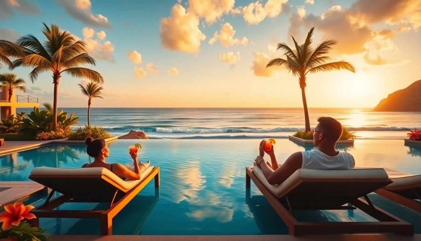 A couple enjoying luxurious amenities at all-inclusive resorts Cabo, with a sunset backdrop and beautiful beach.