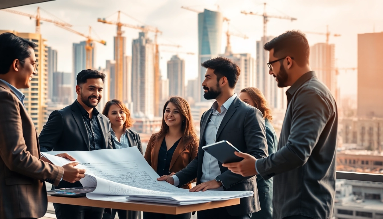 Real Estate Development professionals collaborating on a construction project, showcasing teamwork and innovation.