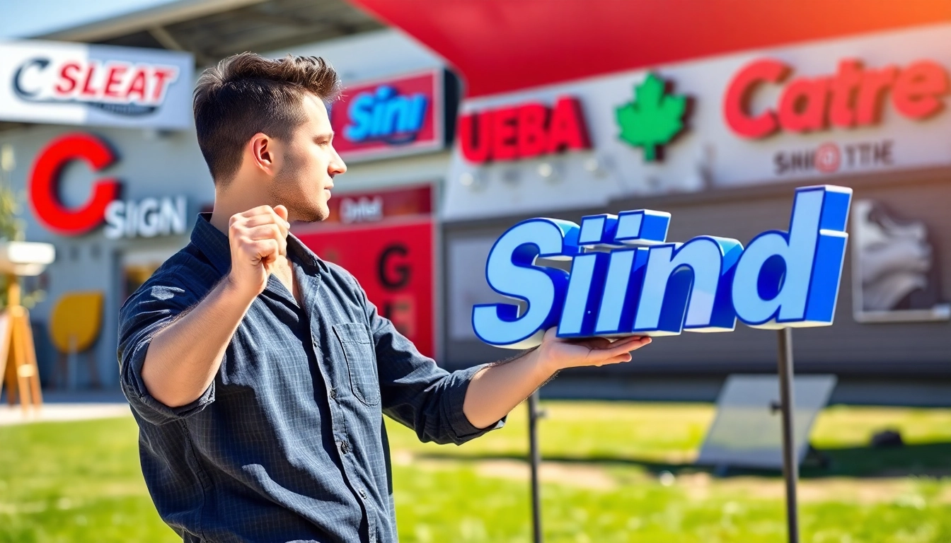 A designer at the calgary sign company showcases a vibrant new sign, illustrating innovation and creativity.