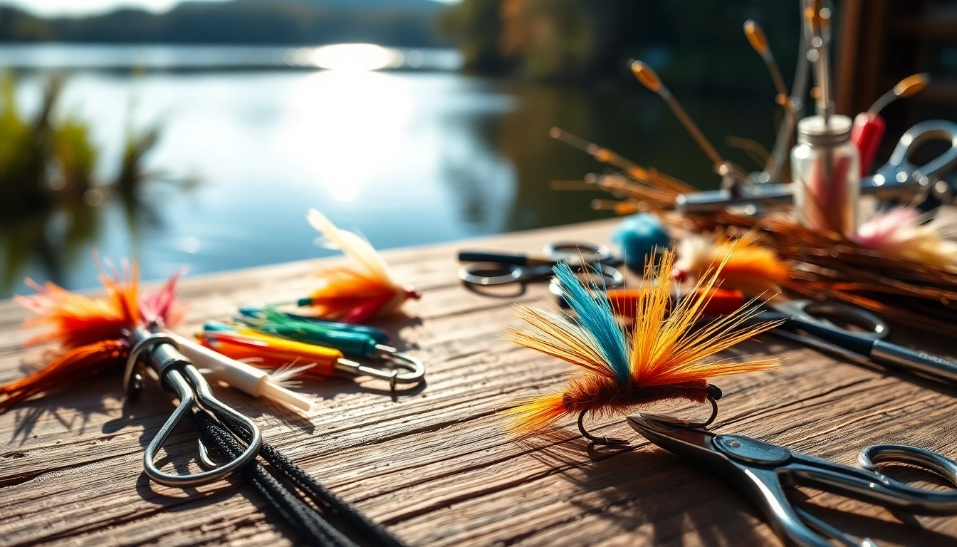 Engaged fly tying setup with vibrant materials highlighting the art of creating fishing flies.
