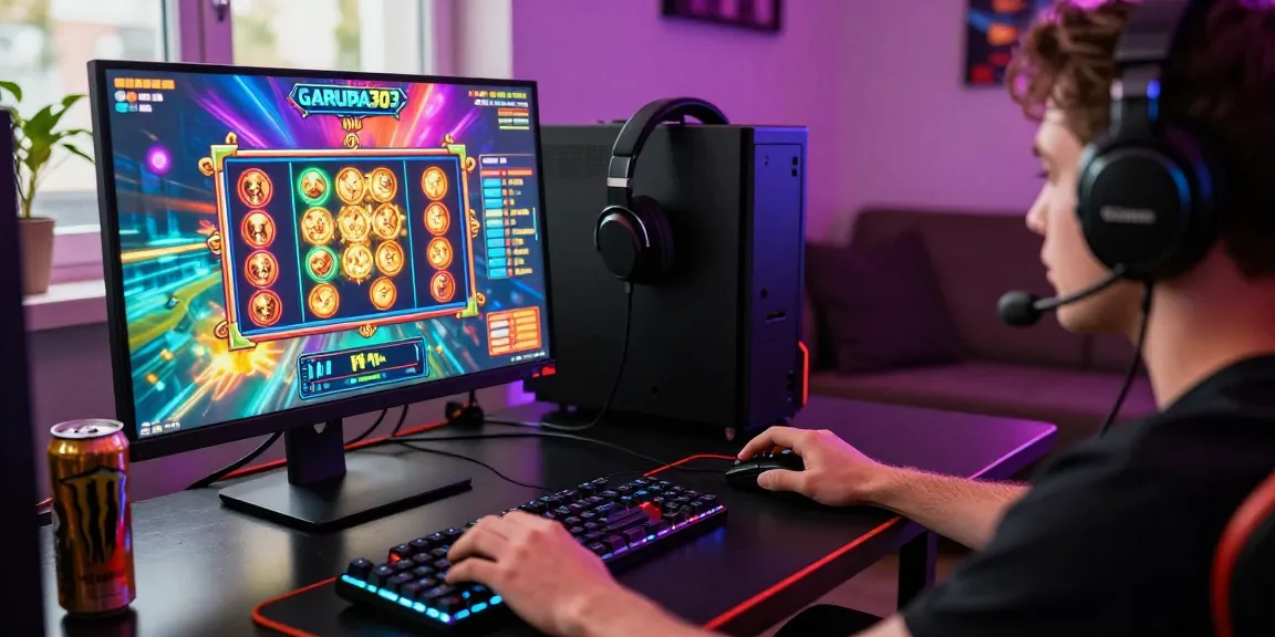 Engaged gamer playing Garuda303 slot on a vibrant desktop setup, showcasing immersive graphics and gaming accessories in a cozy atmosphere.