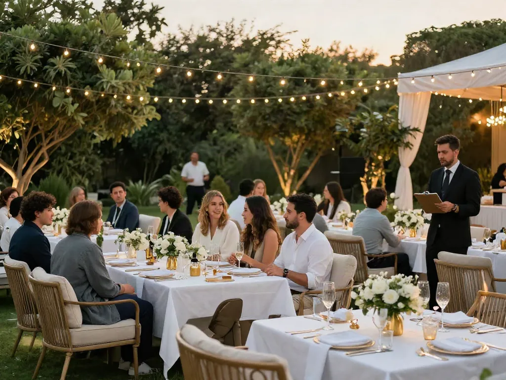 Beautiful outdoor wedding setup showcasing event rental ksa services with elegant decorations and joyful guests.