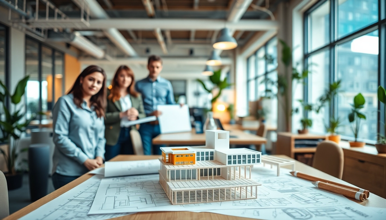 Offering architectural design services in a modern office filled with designs and models.
