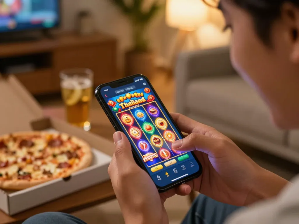 Engaged player enjoying thrilling slot thailand game on smartphone at home