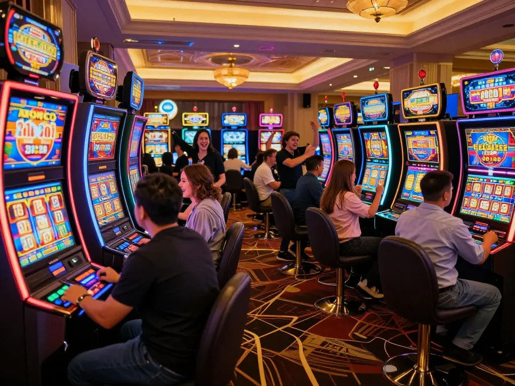 Players celebrating wins at a slot machine in a vibrant casino environment