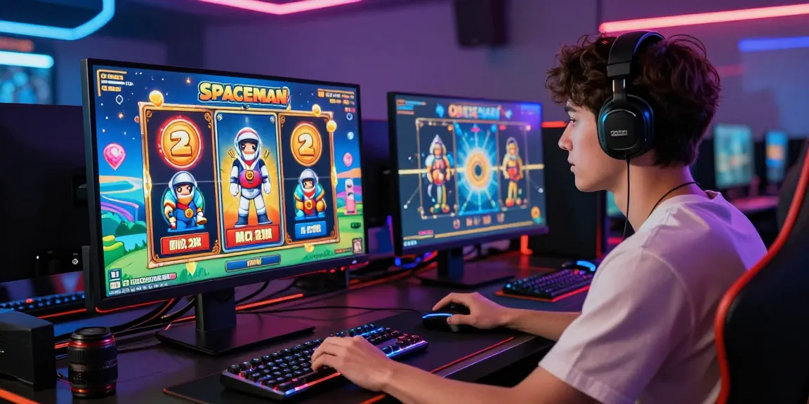 Player engaged in a Spaceman-themed online slot game with vibrant graphics and a modern gaming setup.