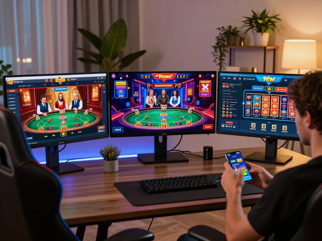 Engaged player navigating MB88 COM online casino games on multiple screens from a modern workspace.