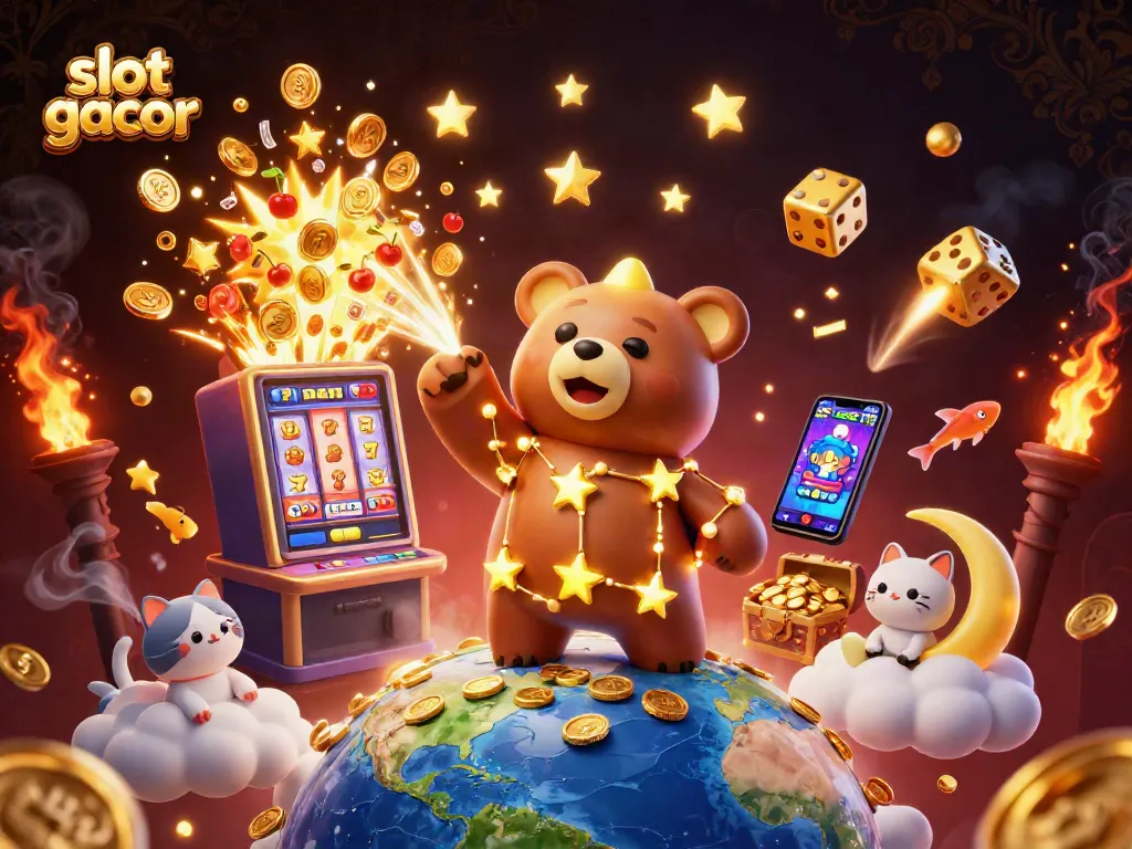 Engage with slot gacor thrills in a cosmic scene of fortune with vibrant characters and dazzling casino elements.