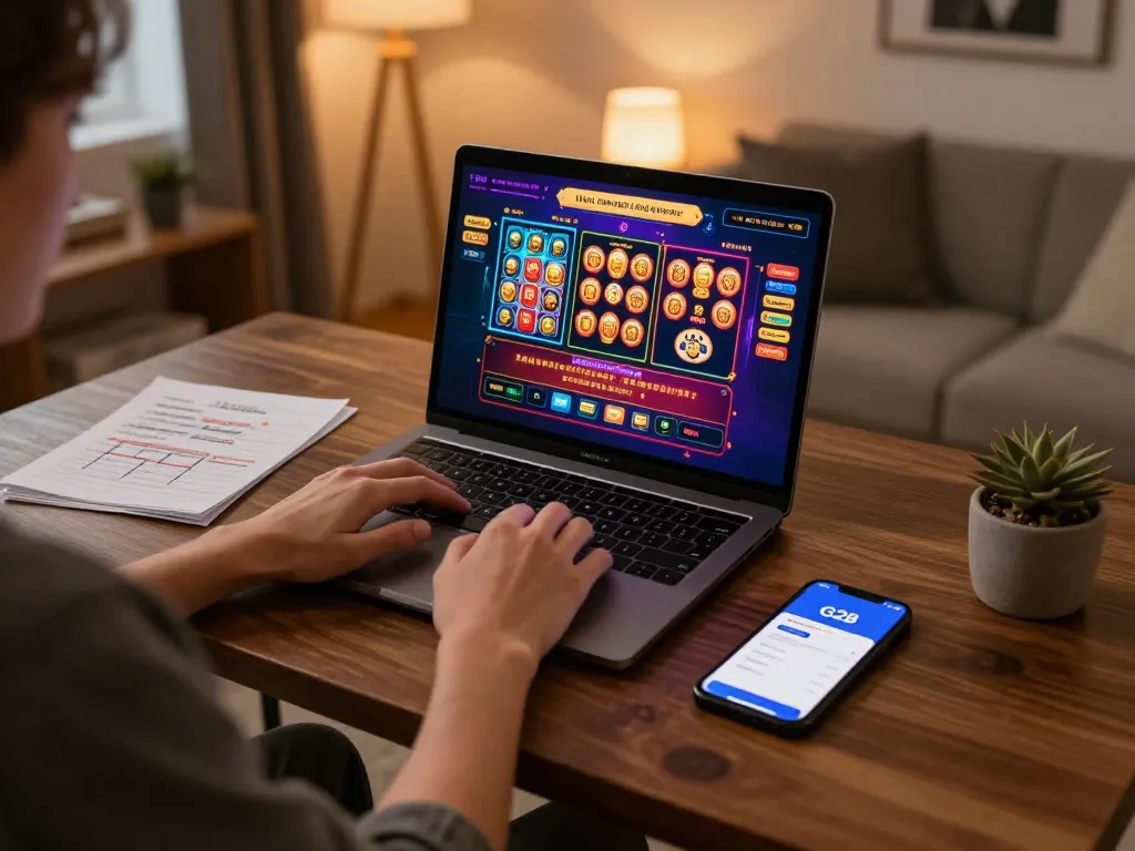 G28 user enjoying online casino gameplay on laptop, showcasing vibrant gaming interface and responsible betting notes.