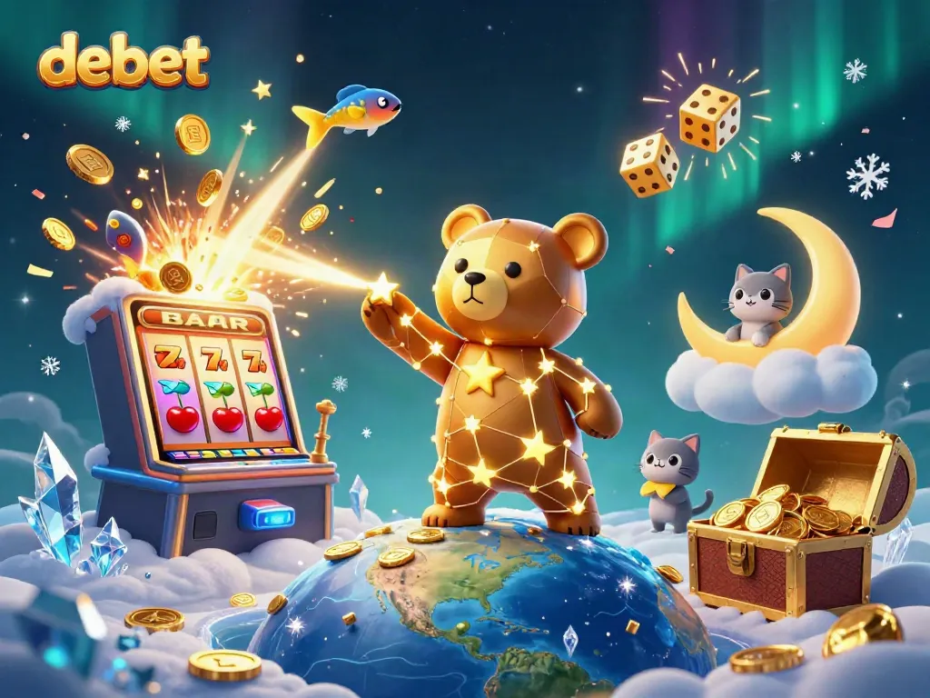 Spin the slots at debet with a golden star bear and vibrant casino elements!