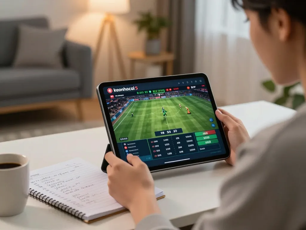 Engaging with keonhacai 5 while sports betting at home, showcasing modern gaming lifestyle