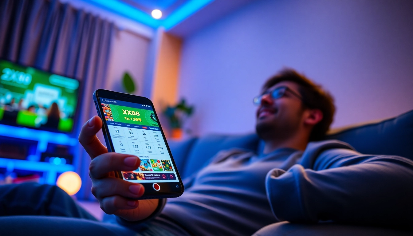 Engaging online betting experience featuring XX88.pizza interface on a smartphone in a cozy setting.