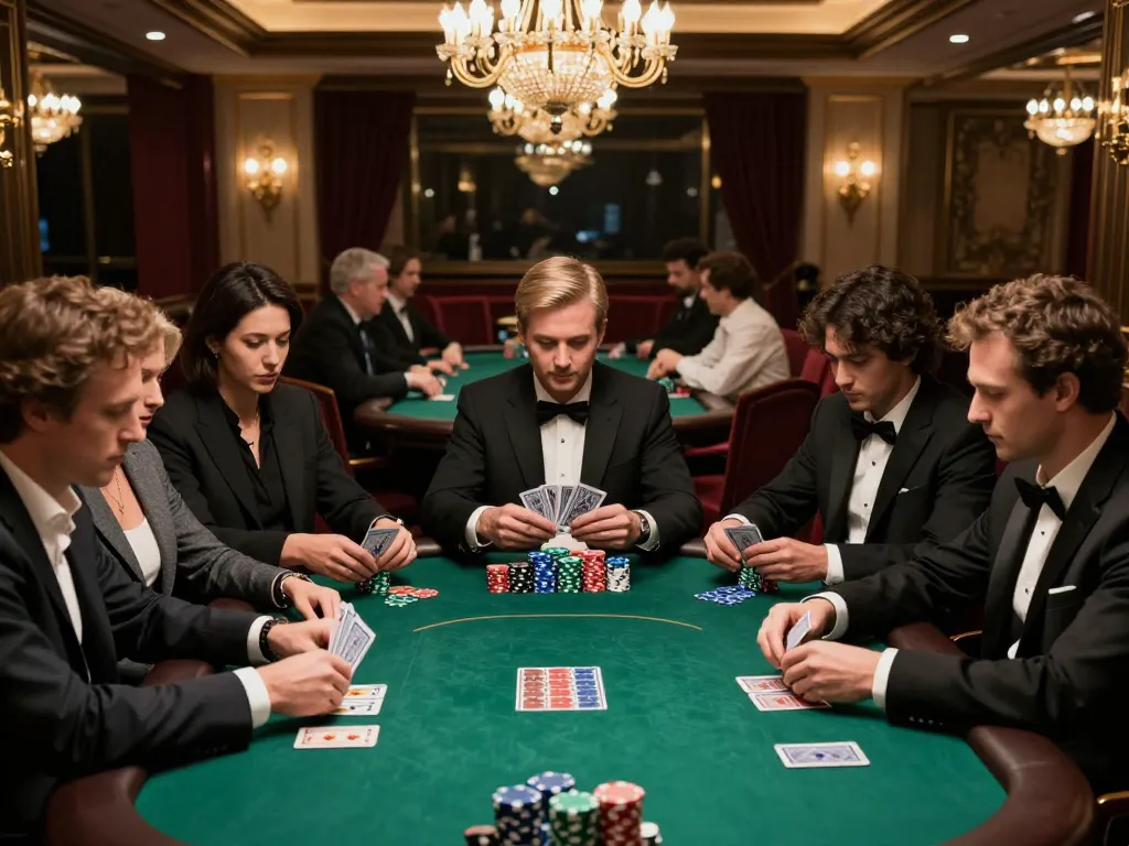 KK55 poker players engaging in a strategic game, showcasing intensity and excitement in luxurious setting