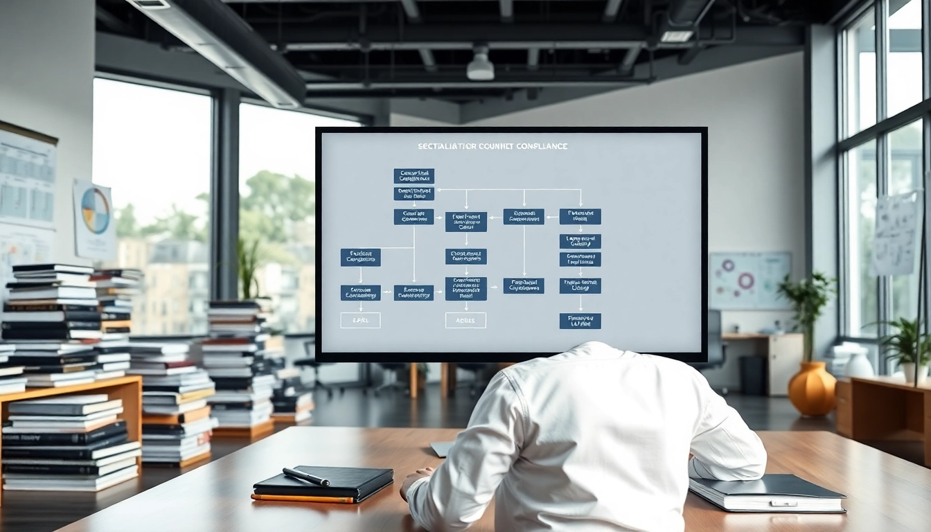 Engaging visual representation of FCPA/DCAA/Flowdown/ITAR/EAR compliance in a modern office.