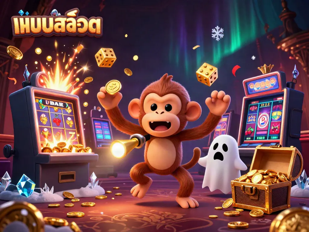 Experience the excitement with แบบสล็อต as a mischievous monkey juggles golden coins in a dynamic haunted casino scene.