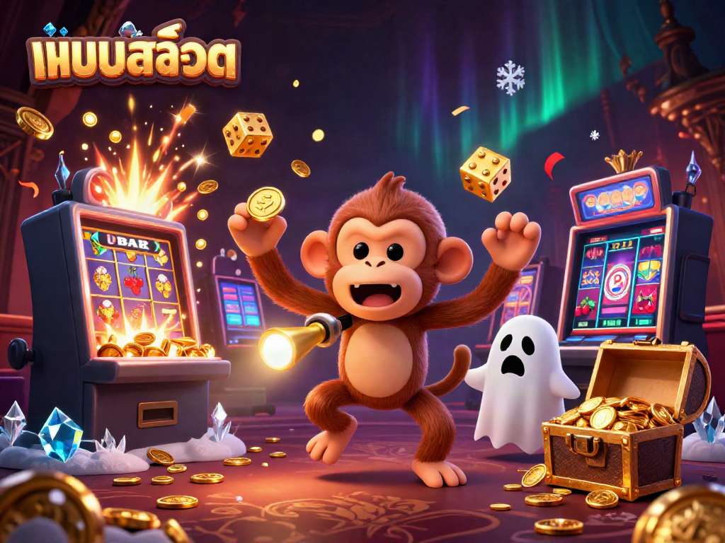 Experience the excitement with แบบสล็อต as a mischievous monkey juggles golden coins in a dynamic haunted casino scene.