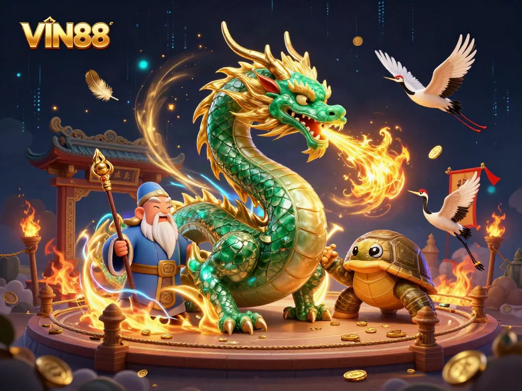Experience the thrill of winning at VIN88 with an epic 3D dragon battle illustration.
