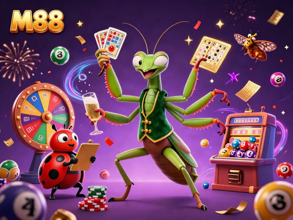 Experience thrilling wins at M88 with a colorful casino scene featuring vibrant characters and exciting game elements.