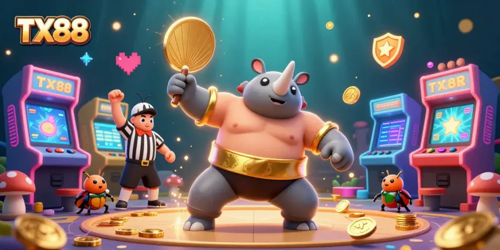 Experience TX88's exciting casino adventure with a sumo beetle champion among colorful game elements.