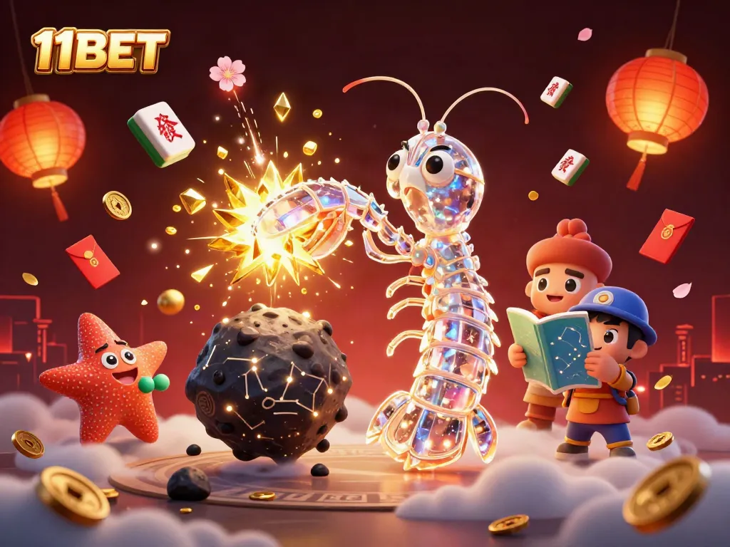 11BET captures excitement with a galactic mantis shrimp heroically breaking through an asteroid, revealing treasures.