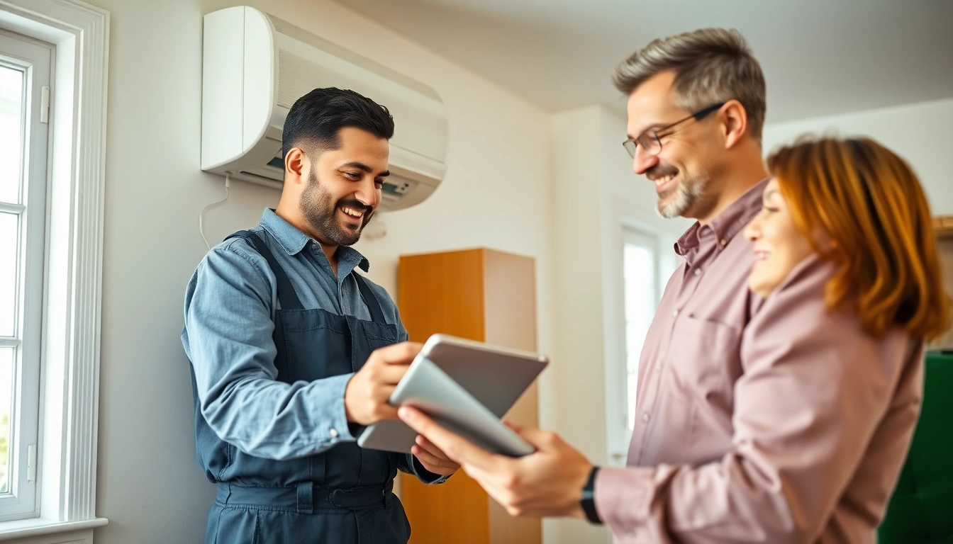 Discovering heating financing options with a friendly technician in a welcoming home.