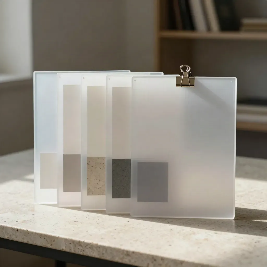 Frosted acrylic desktop and mobile mockup boards beside swatches on pale travertine.
