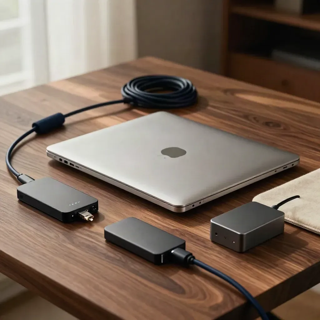 Closed laptop, ethernet cable, SSD and router lights on a warm walnut workbench
