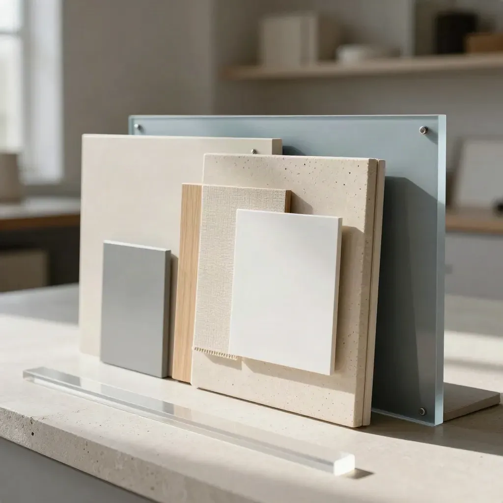 Layered cream, stone and blue acrylic website panels in morning light, with brushed steel hardware.