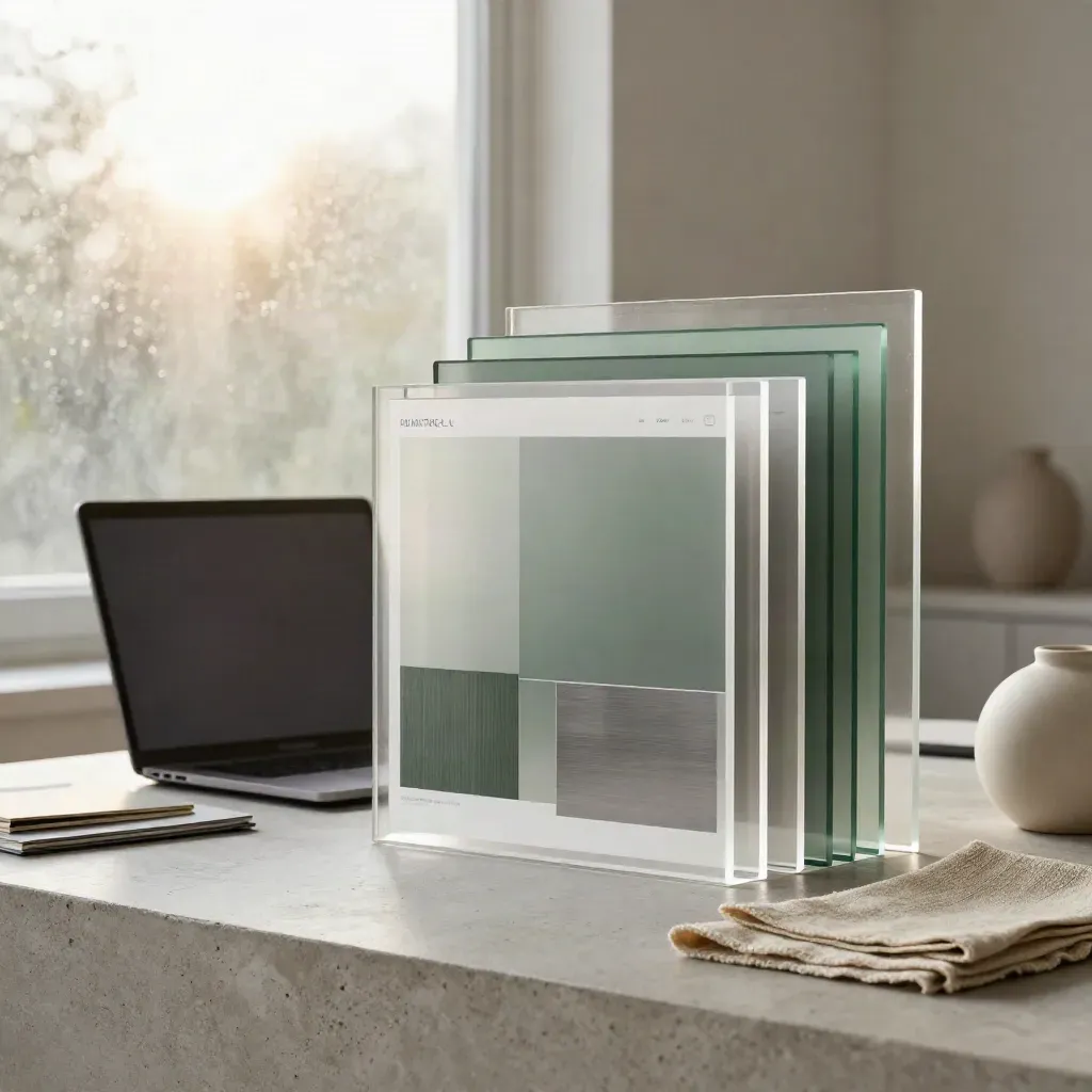 Layered acrylic page mockups with laptop and materials in a rainy dawn studio