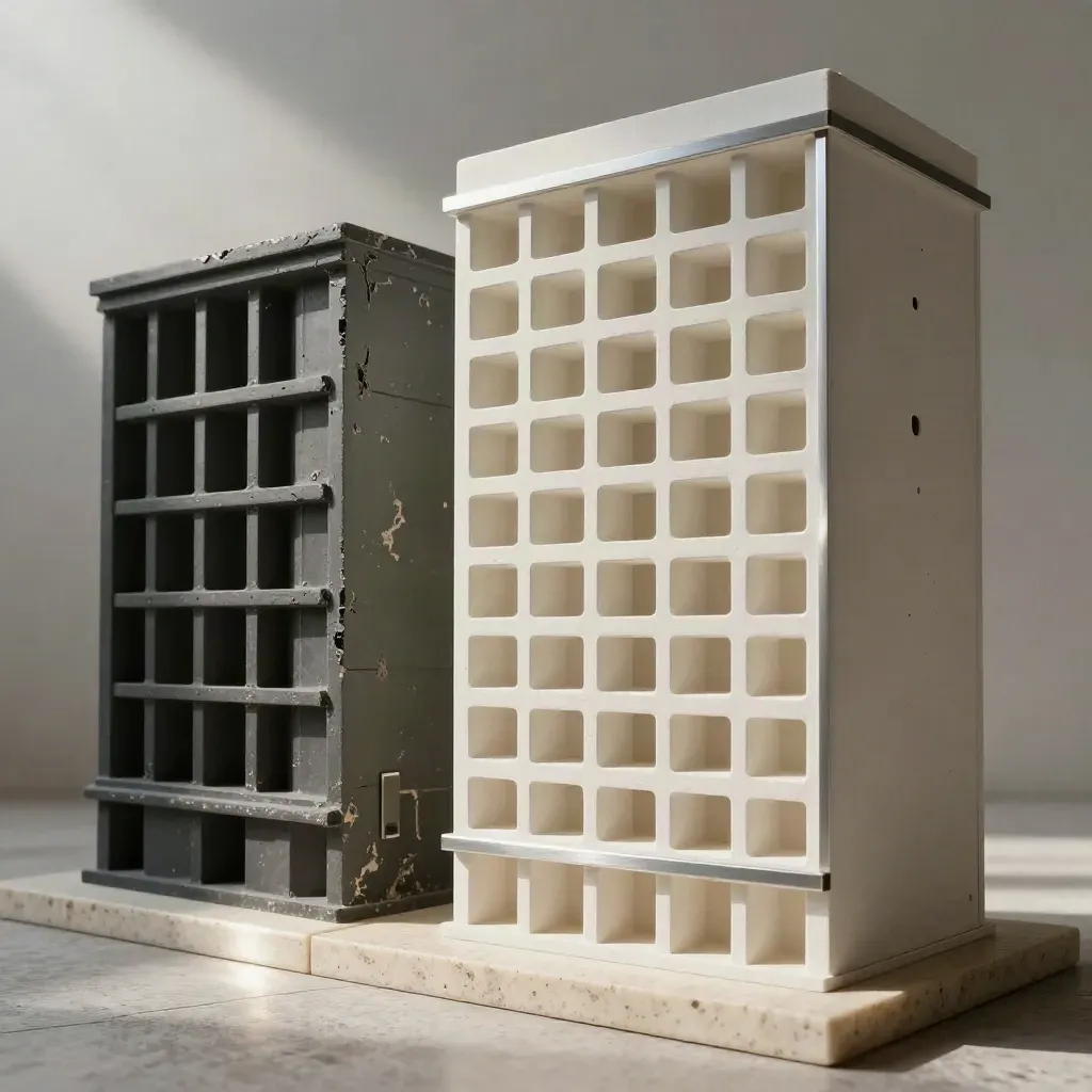 Weathered and refreshed site redesign maquettes on stone, lit dramatically with soft haze.