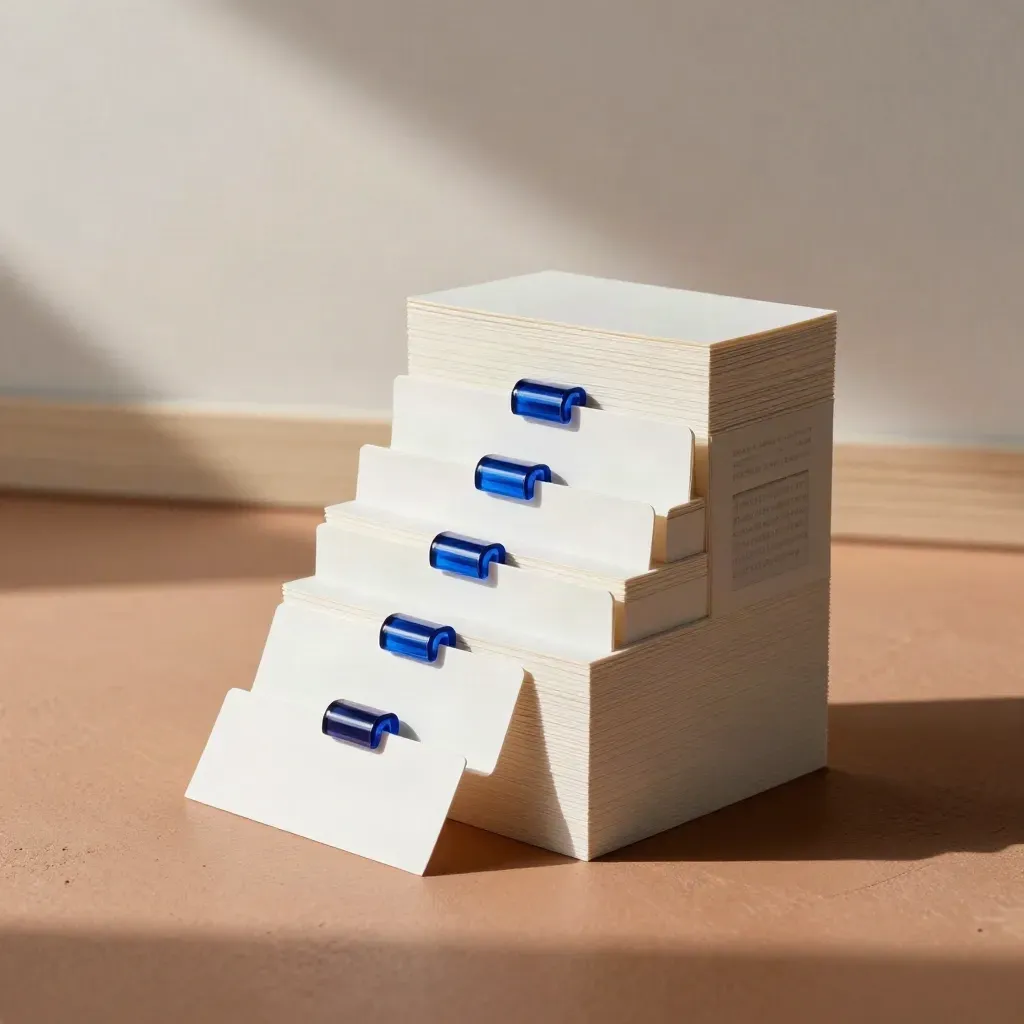 Top-down sitemap model of blank cards and blue blocks on warm concrete, lit by soft daylight.