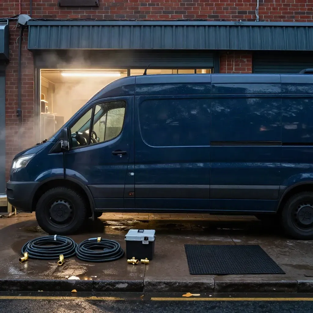 Navy service van by a wet brick storefront with hoses and toolbox on the curb