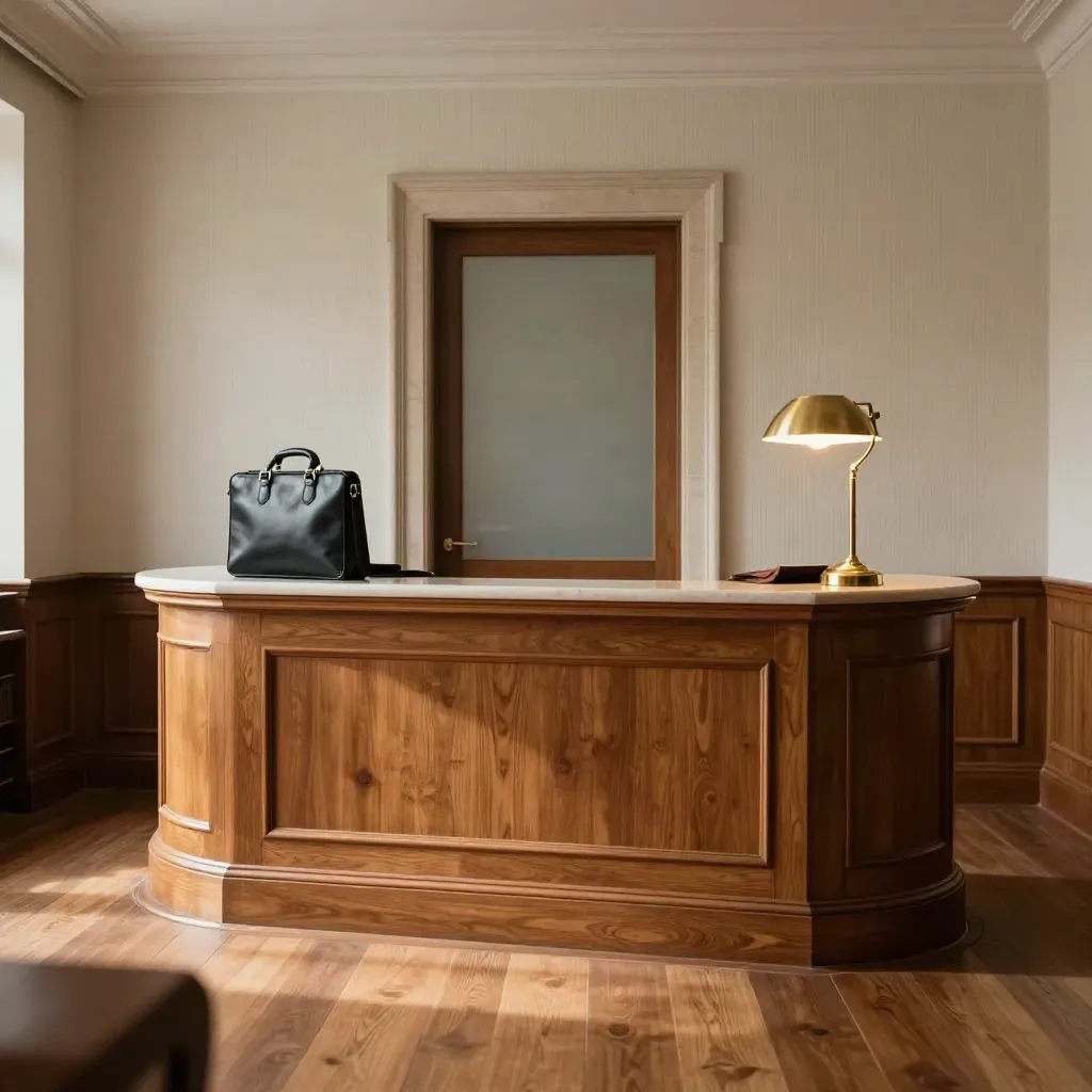 Empty law firm reception with oak, a closed leather briefcase, and a brass lamp by a doorway.