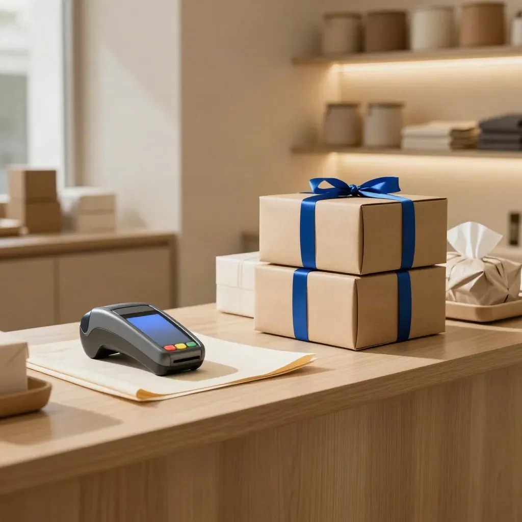Empty boutique checkout counter with parcels, card reader, wrapping paper and shelving